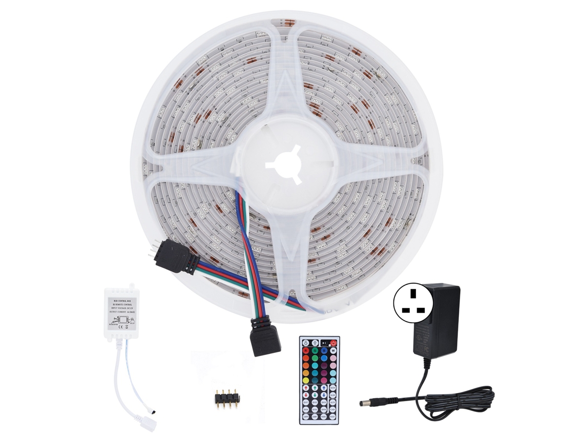 BJ-Binta LED RGBW 5050, 5 metros, 150 LEDs, control remoto de 44 teclas, enchufe británico, 100-240V, luz suave, resistente al agua.
