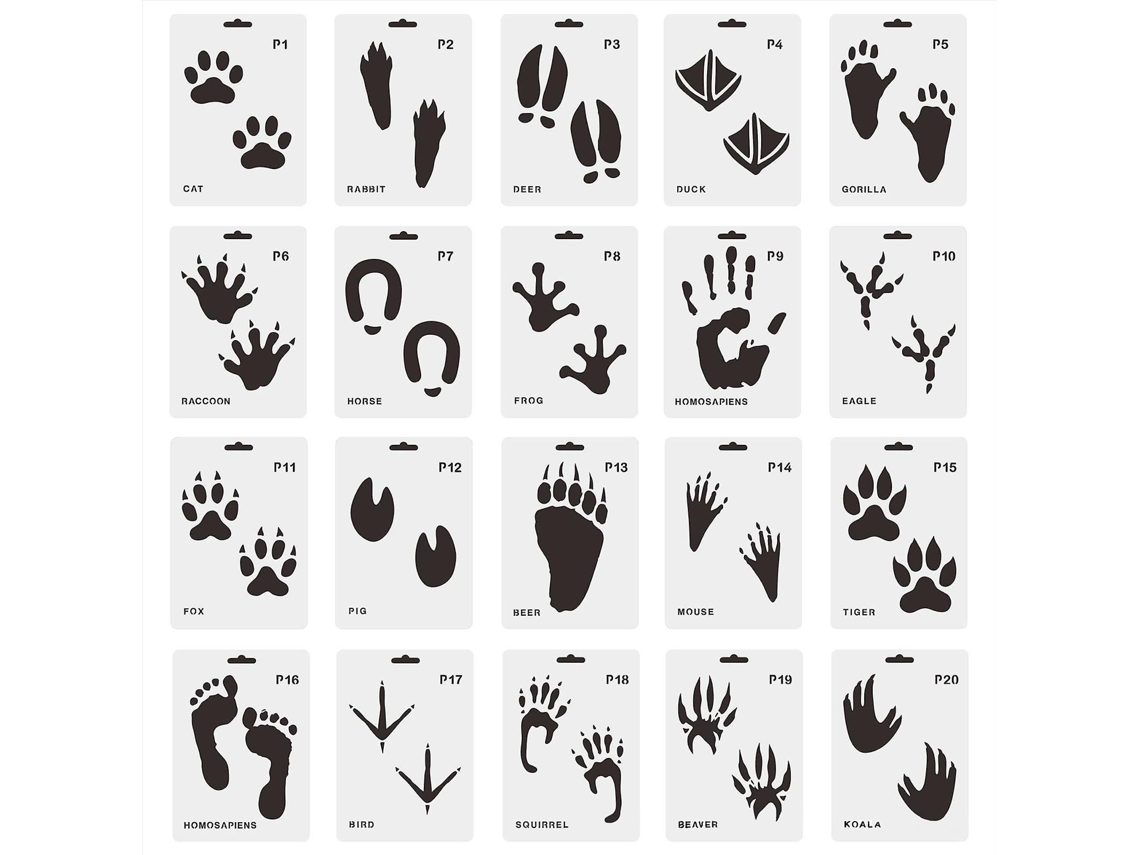 20 Plantillas De Huellas De Animales De Plástico Reutilizables Para Pintar.