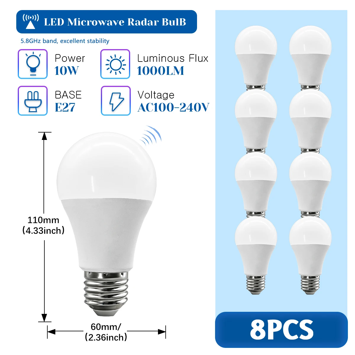 (8 Unidades, Luz Blanca Fría 6500k) Bombilla Con Sensor De Movimiento Y Radar De Microondas, 10w, 1000lm, Sin Parpadeo.