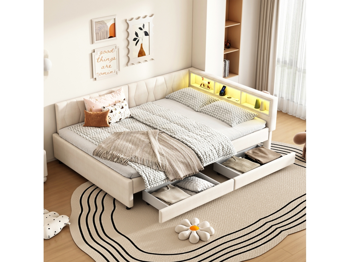 Sofá Cama 140x200 Cm Con Cajones, Led, Usb/usb-c, Estante Integrado, Somier De Láminas, Beige, Sin Colchón.