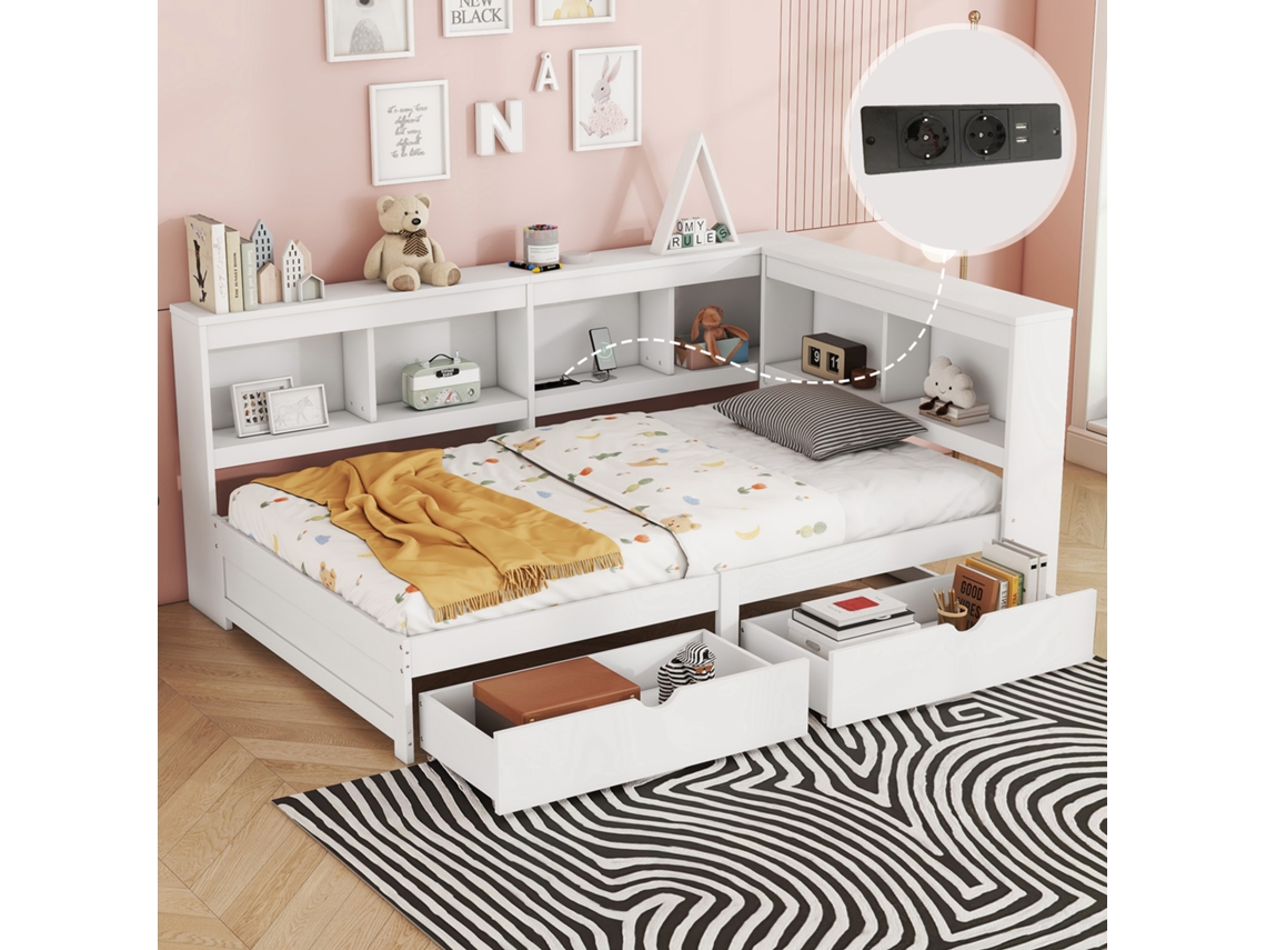 Sofá Cama De 90x200 Cm, 2 Cajones, Toma Usb, Somier De Láminas Blancas.