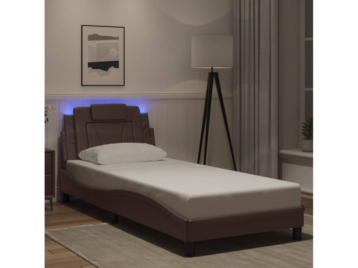 Estructura Cama Con Luces Led Cuero Sintético Marrón 80x200 Cm