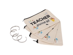 Regalos de agradecimiento para profesores: 4 neceseres de maquillaje y 4 pulseras de acero inoxidable.