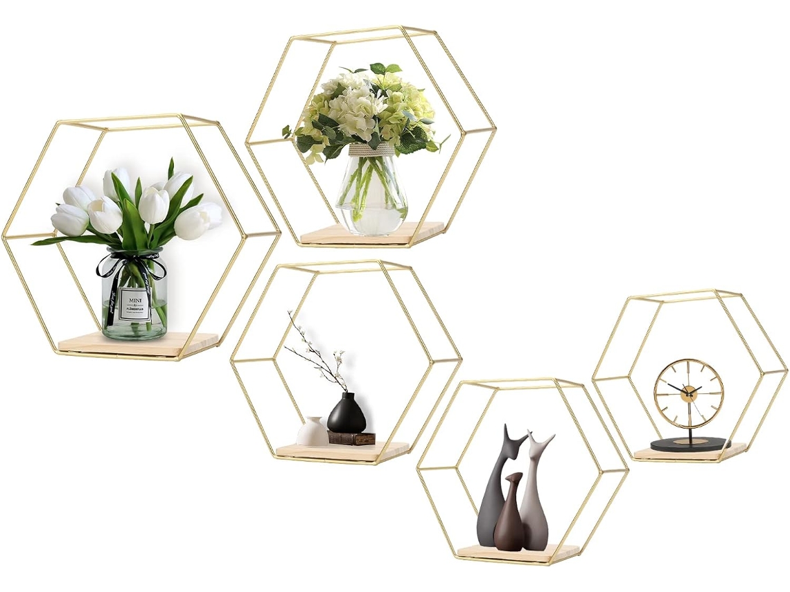 RNEMITERY Estantes flotantes hexagonales, robustos y estables, de alambre de metal dorado y madera, para montar en la pared. Almacenamiento decorativo para una 
