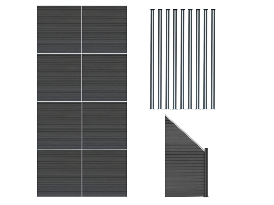 Valla exterior WPC 185 x 1484 cm | Gris | 8 paneles rectos, 1 oblicuo, 9 postes con LED solar | Panel de doble cara | Monstershop