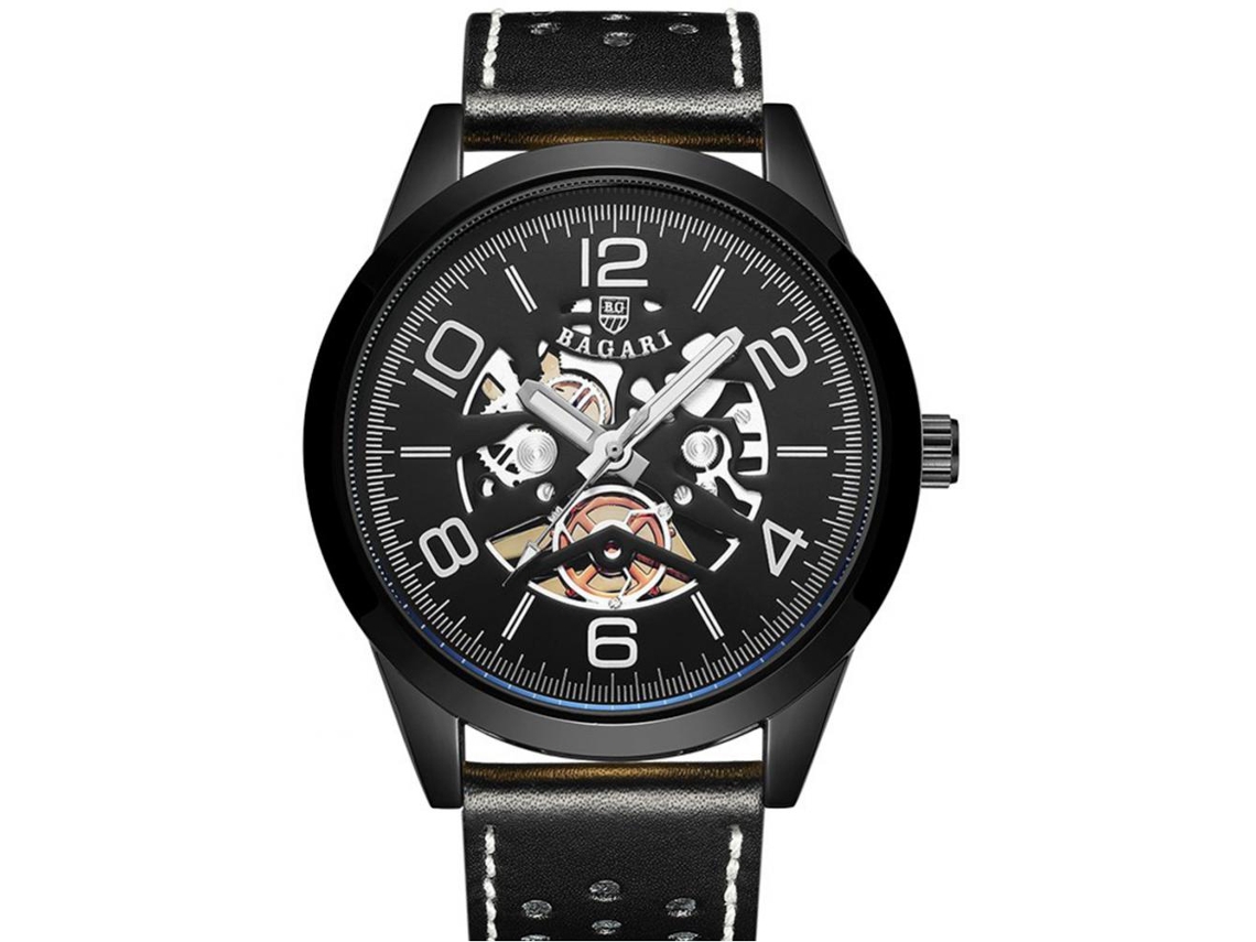 Reloj De Pulsera Masculino De Cuarzo Con Correa De Cuero Pu Bagari Negro