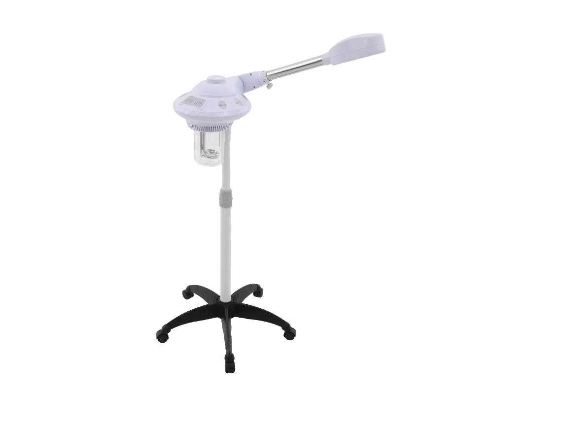 Vaporizador facial de alto rendimiento con niebla caliente y tratamiento de luz UV, en blanco y negro.