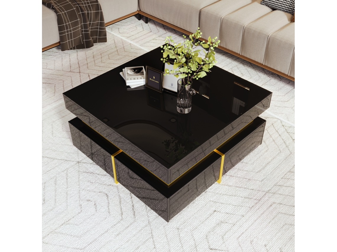 Mesa de centro con 2 cajones, acabado brillante y detalles dorados, estilo negro
