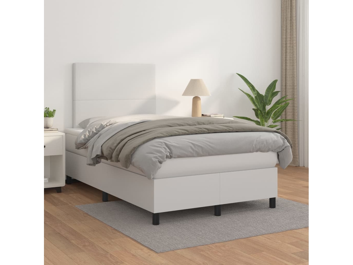 Cama Box Spring Con Colchón Cuero Sintético Blanco 120x200 Cm