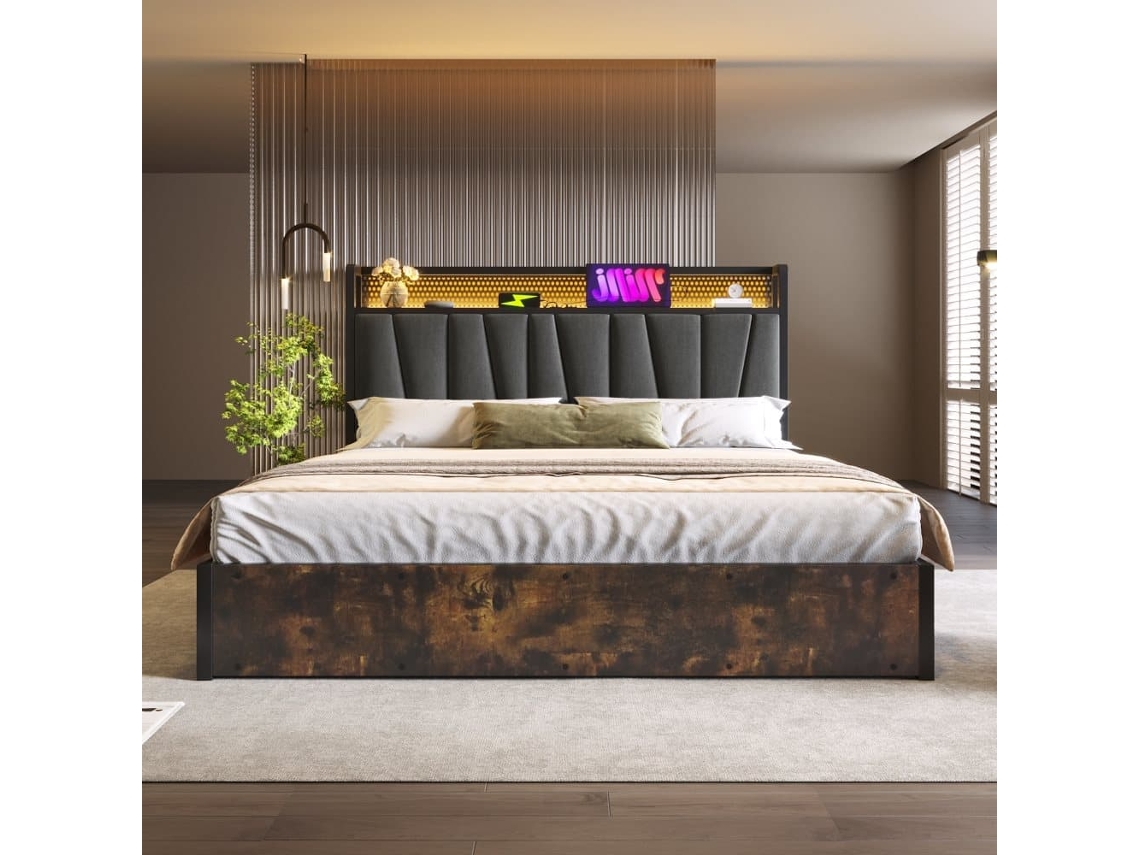 Cama Metálica 140x200cm - Cama Doble Con Función De Carga Usb, Cabecero Ajustable, Iluminación Led Y Control Por App - Gris