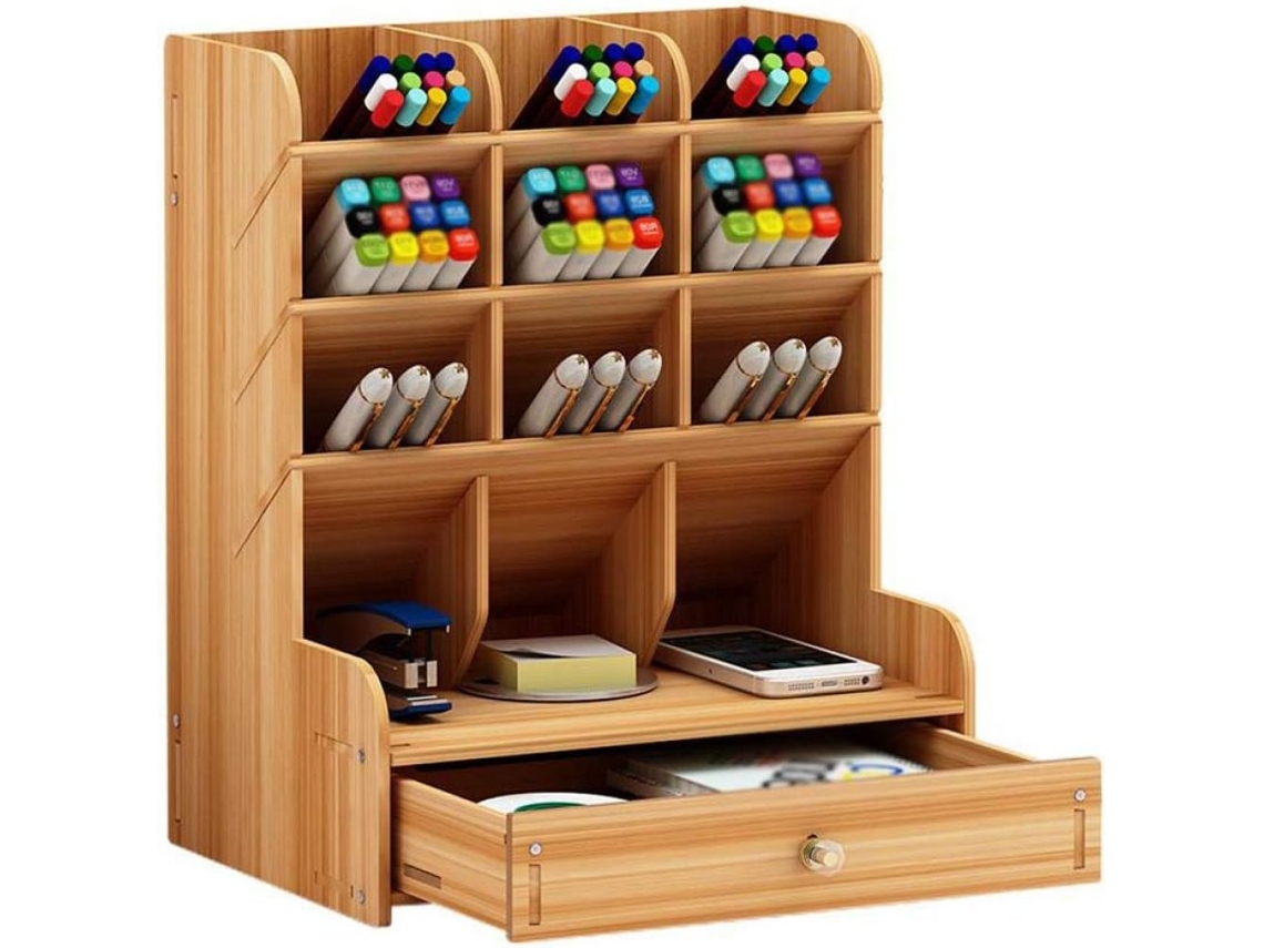 VVJIJILLY Organizador De Secretária Em Madeira Com Gavetas E Porta Lápis, Ideal Para Casa E Escritório