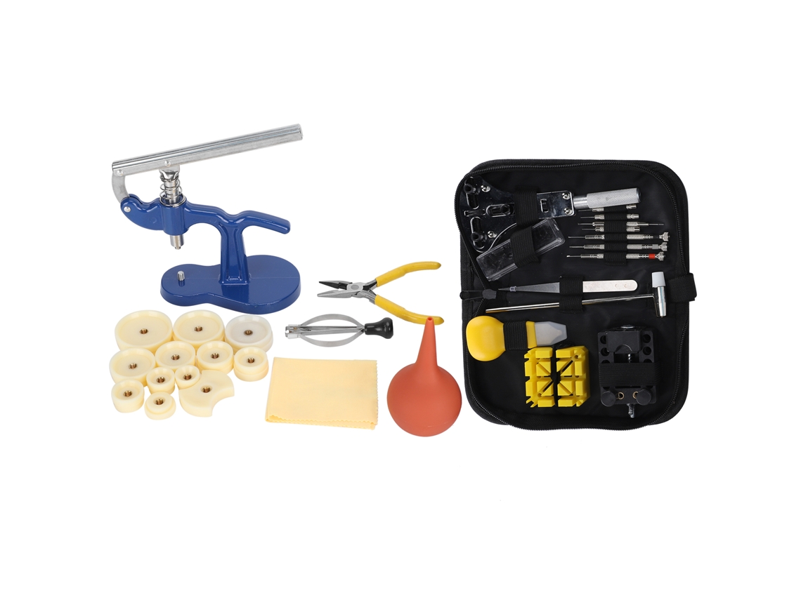 Kit de herramientas para reparación de relojes con abridor de cajas y prensa.