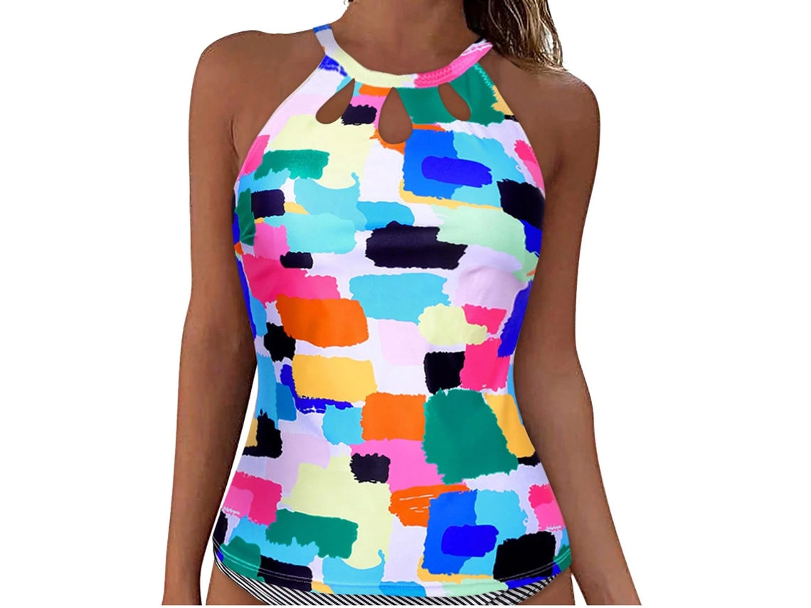 JILLIOPER Top de Tankini Cuello Alto Z02 Azul Claro XL para Mujer, Parte de Arriba de Bañador con Espalda Descubierta y Escote Key Hole