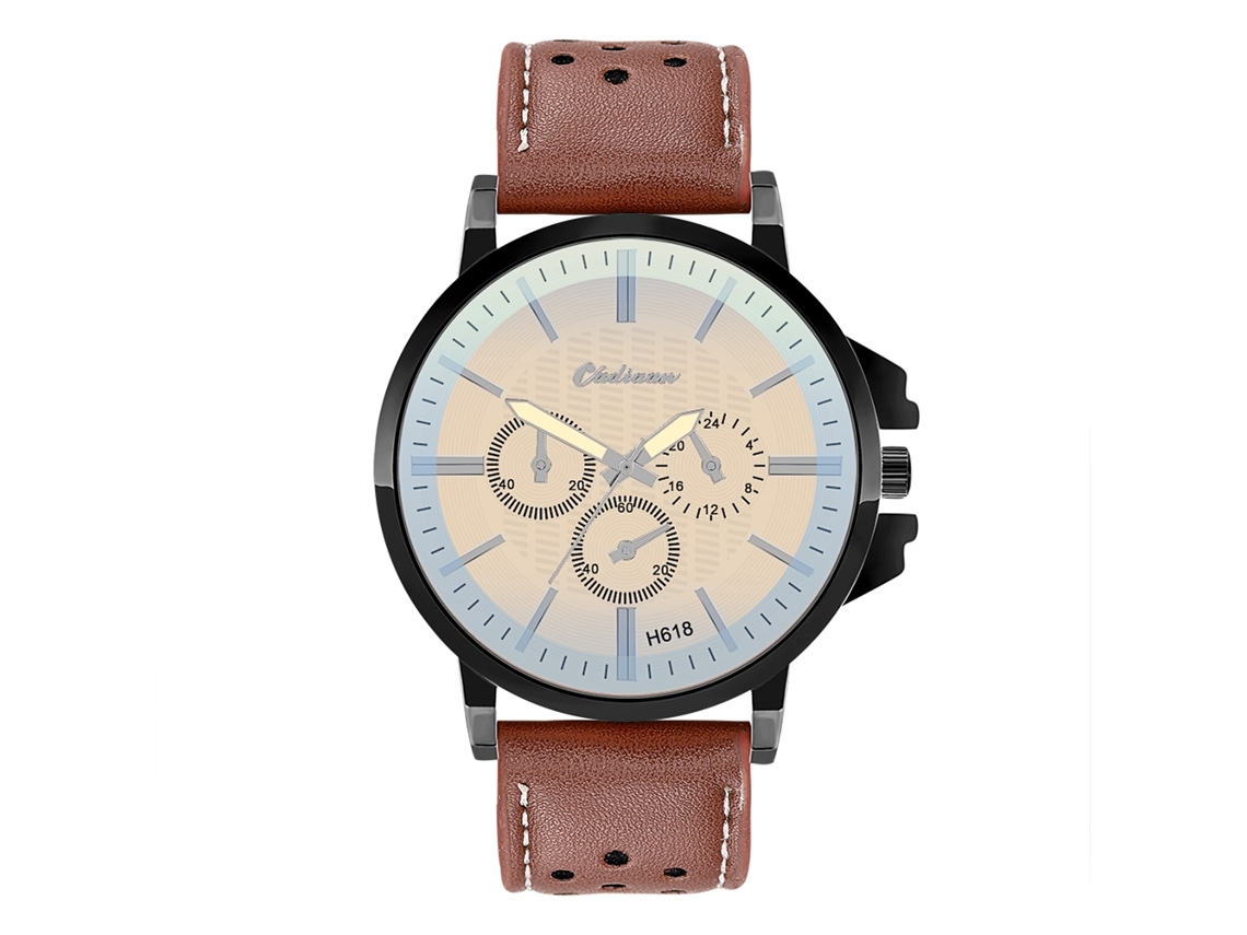 Reloj De Pulsera Unisex De Piel Sintética Con Esfera De Tres Subesferas De Hematita Marrón Oscuro.