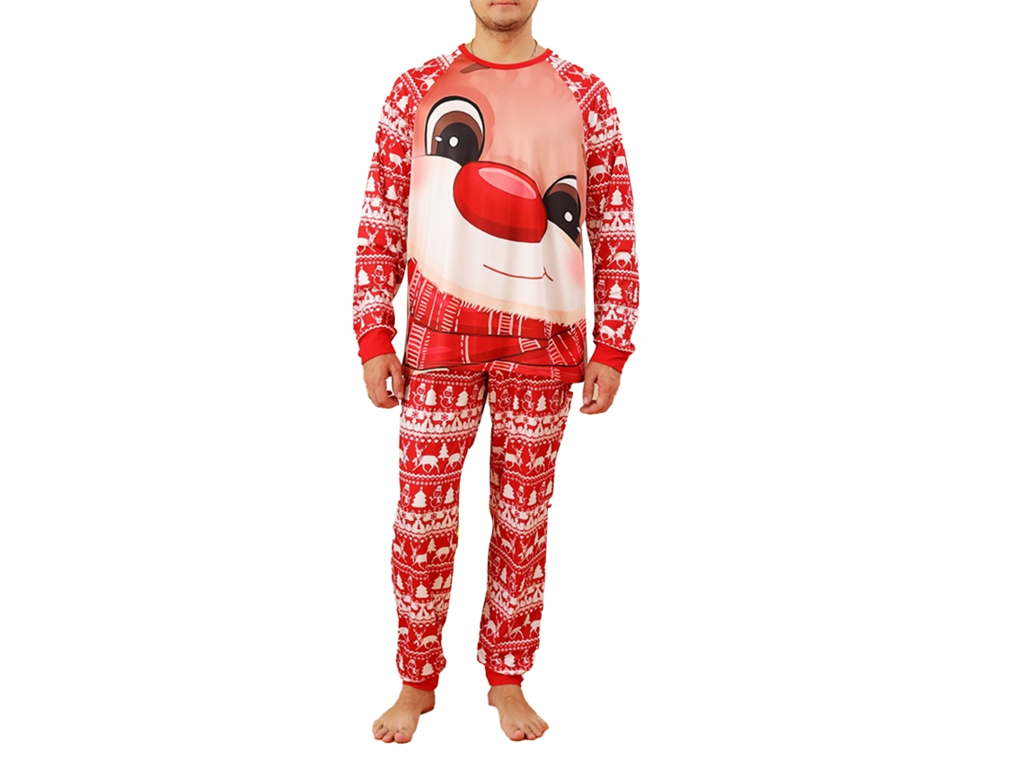 Pijama de Natal Rebbe-Family com estampa de veados animados, gola redonda, malha canelada, vermelho, masculino, tamanho G