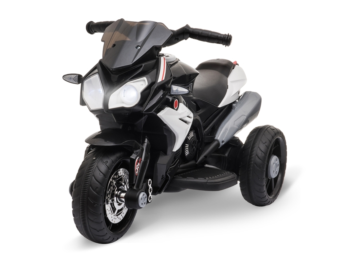 Motocicleta Con Luces Y Sonidos, Velocidad De 3 Km/h, Recargable, De Plástico Y Metal, En Blanco Y Negro.