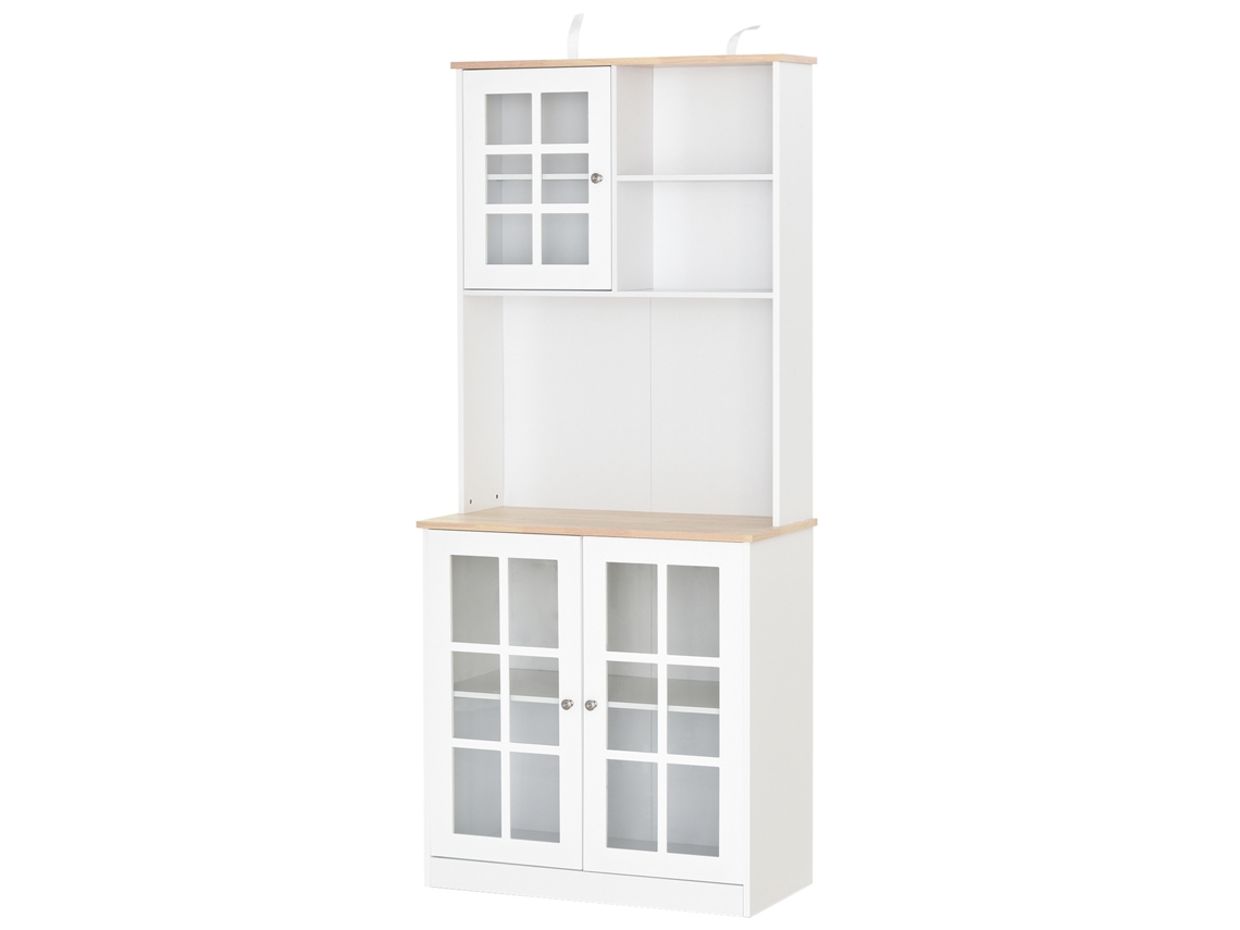 Armário De Cozinha Com Prateleiras E Portas De Vidro Armário Alto De Cozinha Para Pequenos Eletrodomésticos E Louças 80x37x183 Cm Branco