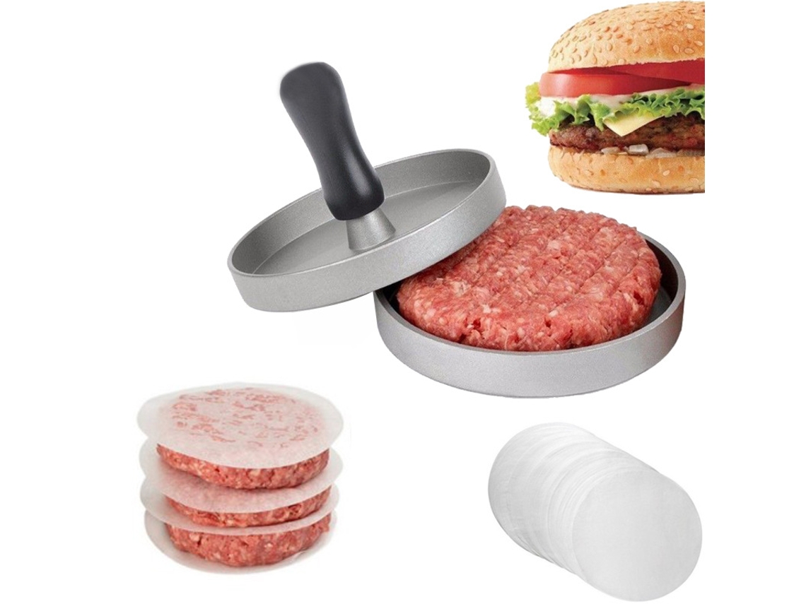Prensa De Hamburguesa Acero Inox Incluye 100 Papeles Cera, Antiadherente, Para Barbacoa
