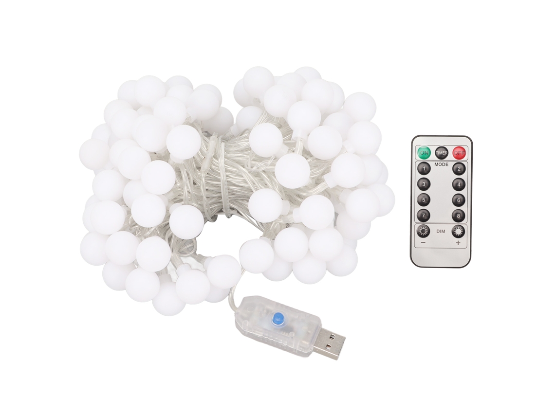 Luzes Led Em Corda Com Bolas Usb 8 Modos Branca Quente À Prova D'água Com Controle Remoto