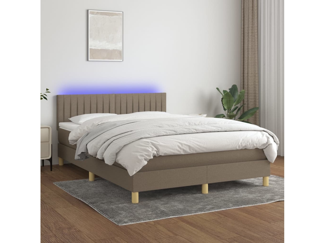 Cama Box Spring Con Colchón Led Tela Gris Taupe 140x200 Cm