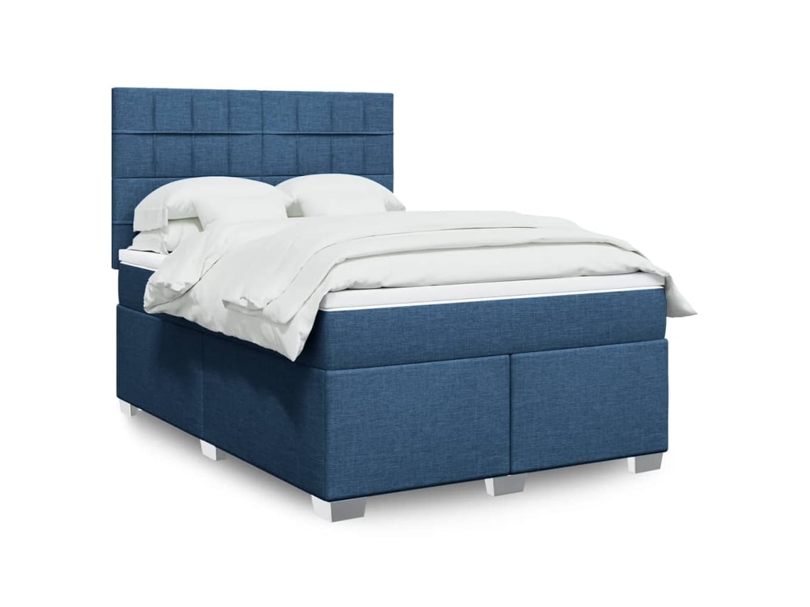 Cama Box Spring Con Colchón Tela Azul 140x200 Cm