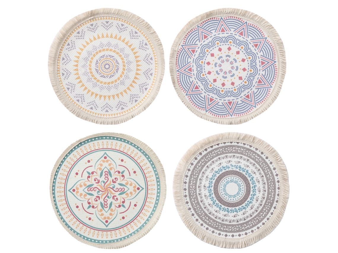 HYMNORA 4 Piezas de Posavasos Redondos Boho de Algodón para Platos y Bebidas Calientes, Posavasos de Algodón con Dibujos de Mandala y Flecos Resistentes al Ca