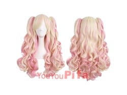 Una Peluca Rosa Y Amarilla Para Cosplay Con Dos Coletas Y Rizos Ondulados, Perfecta Para Fiestas, Eventos De Anime Y Fantasía.