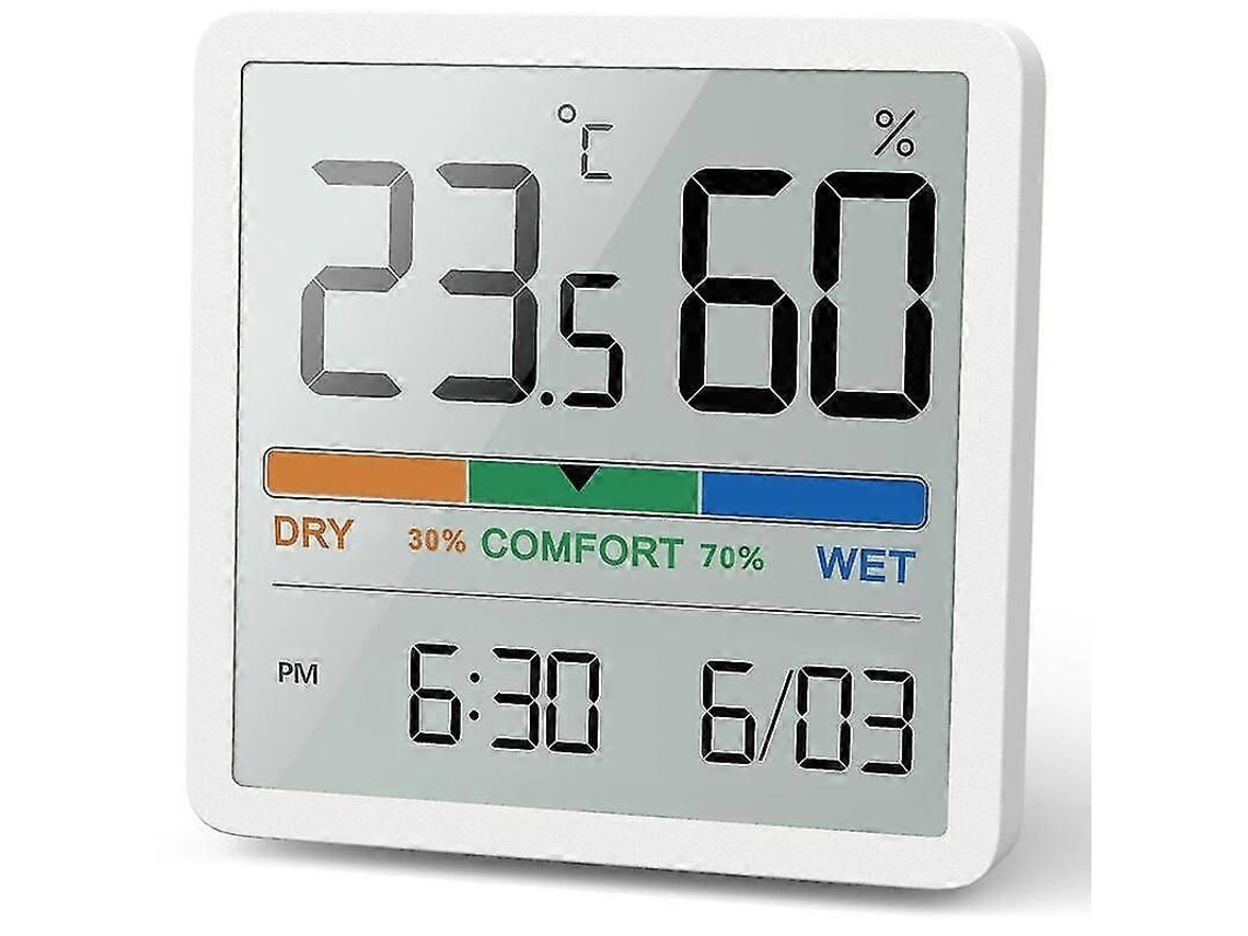 Termómetro e higrómetro digital de sobremesa GOKOCO con monitor de temperatura y humedad, medidor de humedad preciso y reloj con termómetro ambiental.