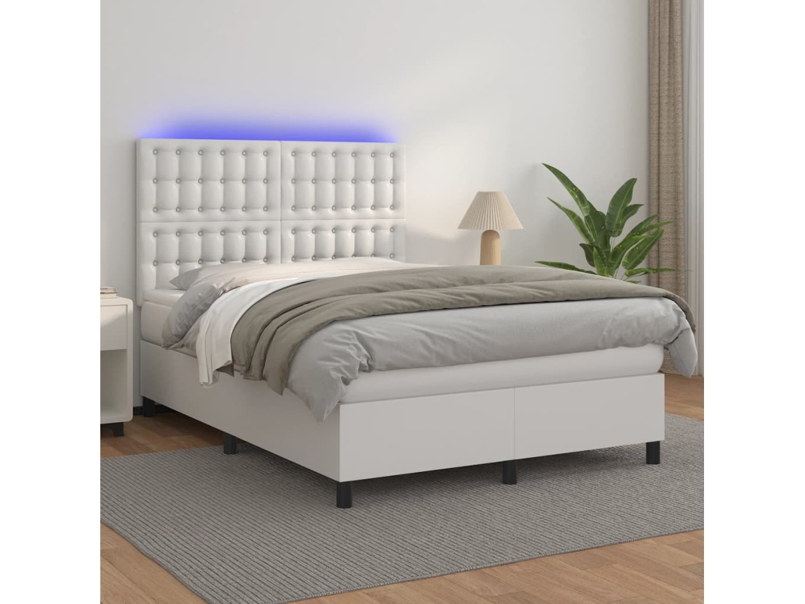 Cama Box Spring Colchón Y Led Cuero Sintético Blanco 140x200 Cm