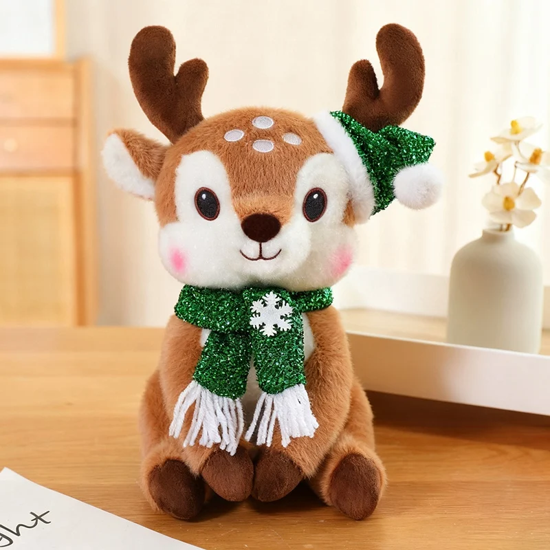 Precioso peluche de reno navideño, muñeco de reno sentado con bufanda MDUG (reno marrón y verde, 30 cm)
