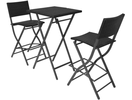 vidaXL Mesa y sillas de jardín plegables 3 pzs acero poli ratán negro
