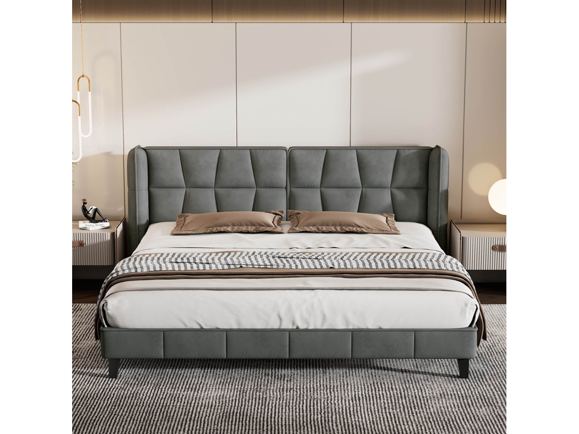 Cama Polster 180x200 Cm - Con Somier De Láminas, Cabecero, Soporte De Madera, Fácil Montaje - Gris