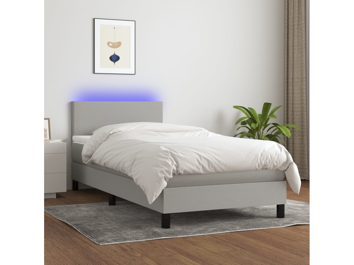 Cama Box Spring Con Colchón Tela Y Led Gris Claro 100x200 Cm