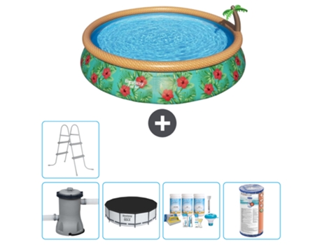 Piscina Hinchable Redonda Fast Set BESTWAY - Estampado Paraíso - 457 x 84 cm - Bomba Incluida Cubrir - Paquete de mantenimiento - Filtrar - Escalera