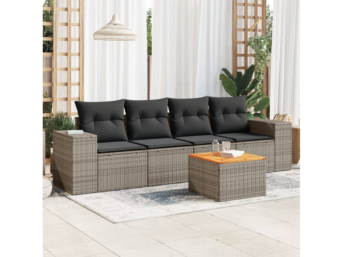 Conjunto de sofá de jardín de 5 piezas con cojines, ratán gris, DKD Home Decor