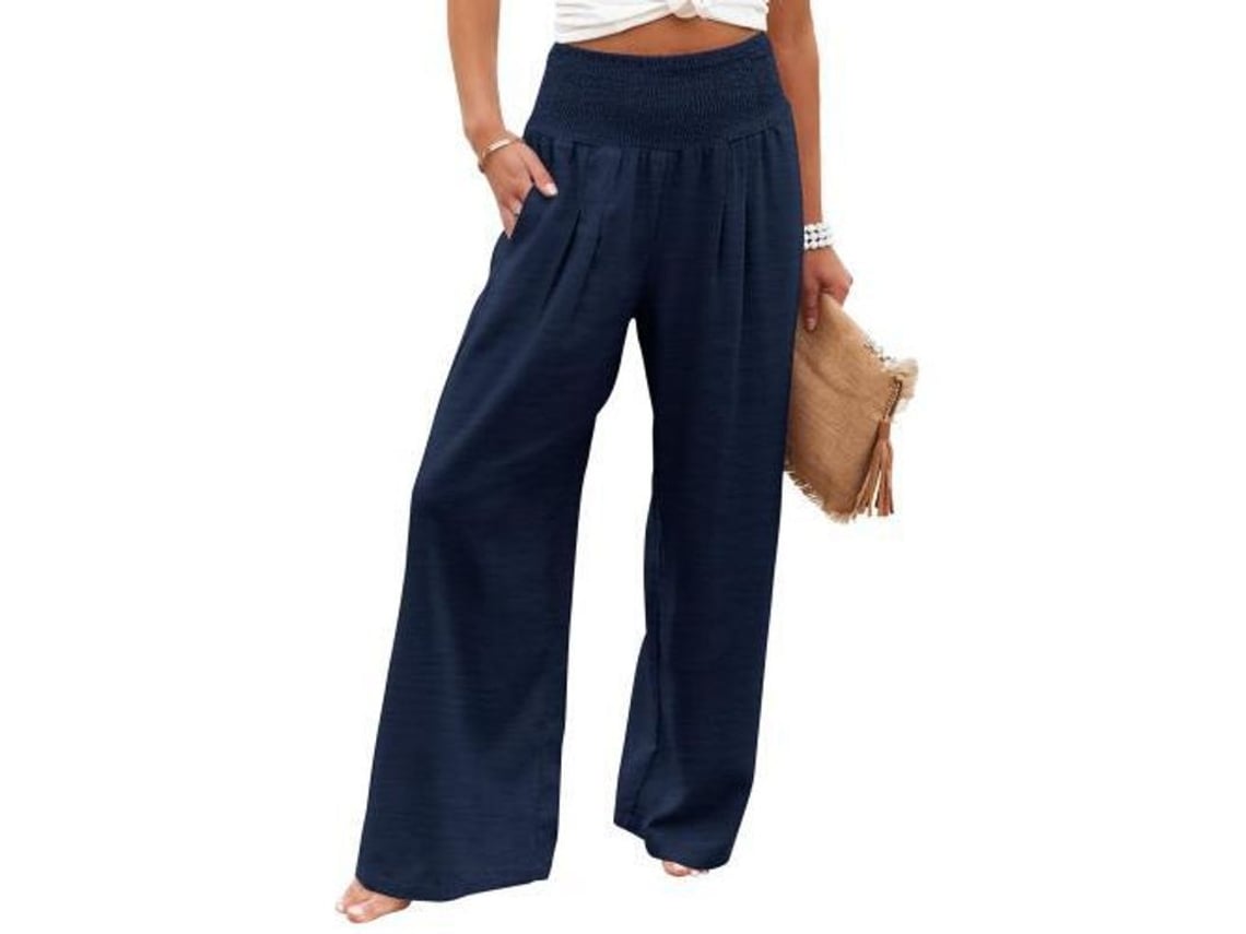 2026-pantalones De Mujer De Talle Alto Elástico De Pierna Ancha Casual Con Bolsillos S Azul Marino