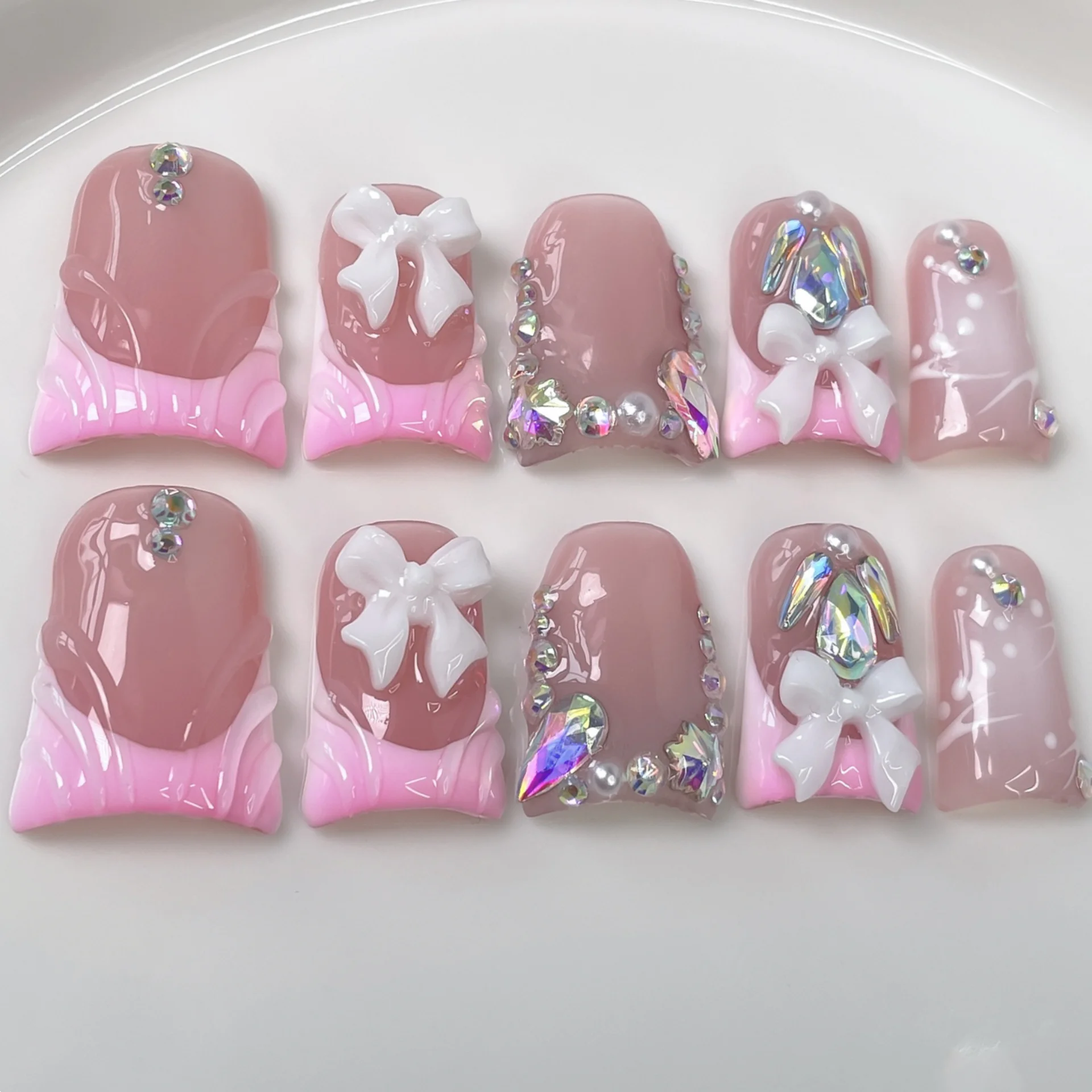 (otros) 10 Pegatinas De Uñas Postizas Hechas A Mano Con Forma De Pico De Pato Rosa