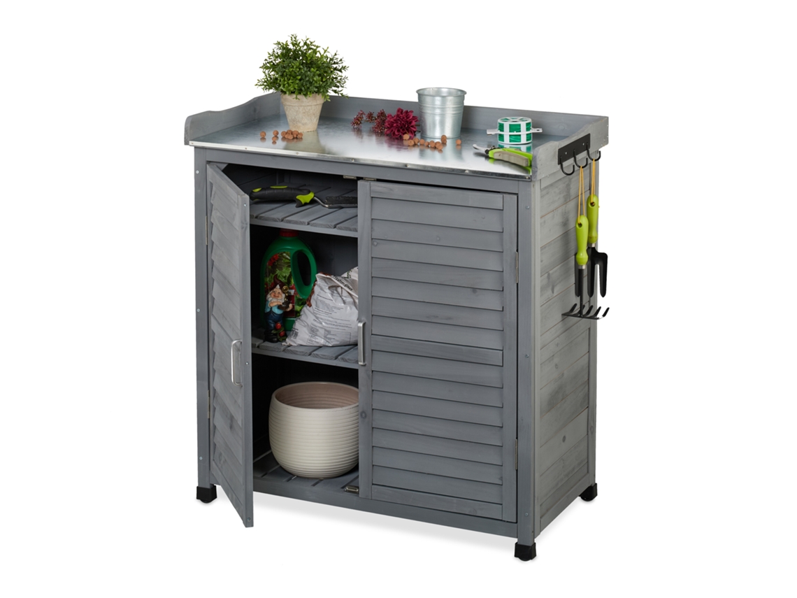 Mesa de jardinería Relaxdays con armario, 3 ganchos, madera, tablero de metal, 92 x 90 x 45 cm (alto x ancho x profundidad), gris.