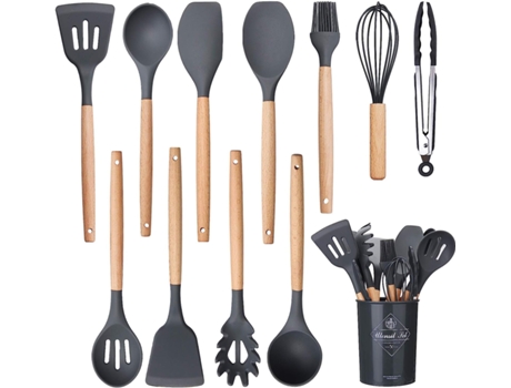 Utensilios de cocina Juego de utensilios de cocina de madera Juego de 12 piezas Antiadherente Sin BPA Resistente a los arañazos y al calor Silicona...