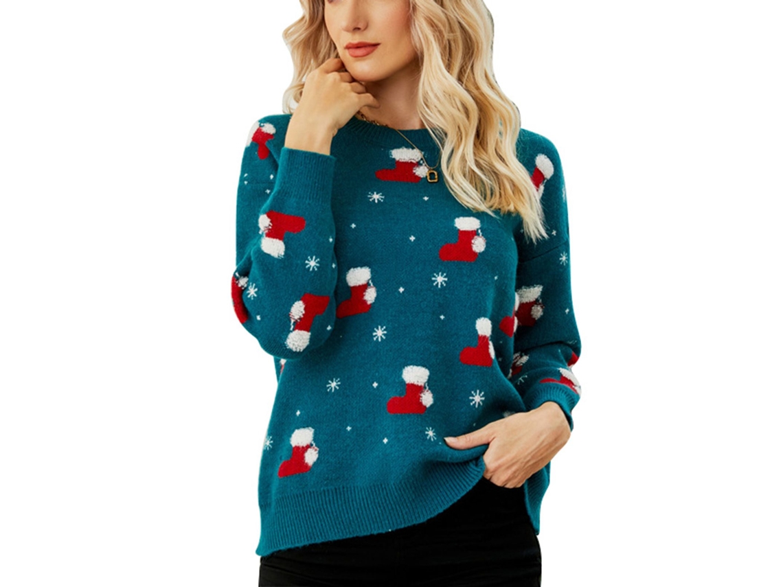 Omni-jersey De Navidad De Cuello Redondo Con Hombros Caídos Manga Larga Suéter Tejido Caliente Para Invierno Azul S