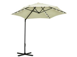 Sombrero de sol excéntrico de Ø256x248 cm con luces LED, energía solar, mástil giratorio de 360°, sombrero de sol para exteriores con manivela manual y ventilación superior.