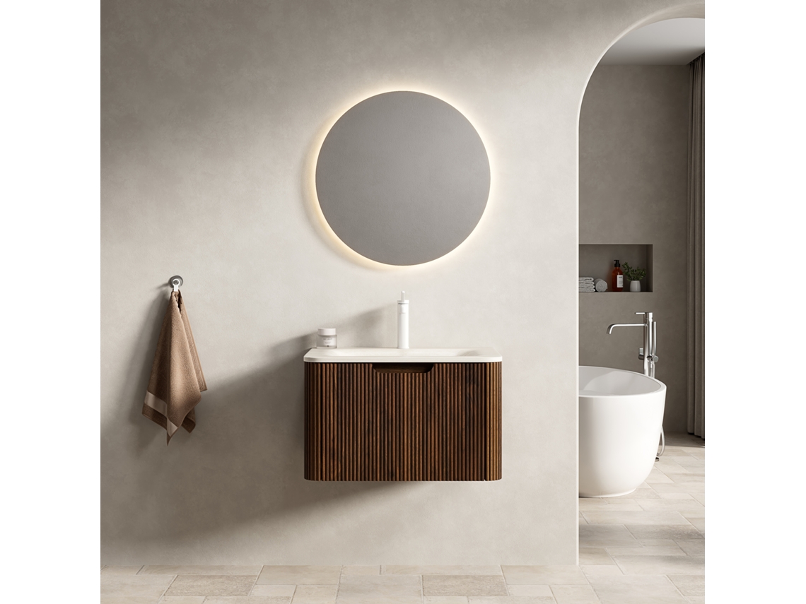 Roz Lavabo De Baño De Pared 60cm, Cubeta Inferior Curvada De Piedra Travertino, Armario Listonado