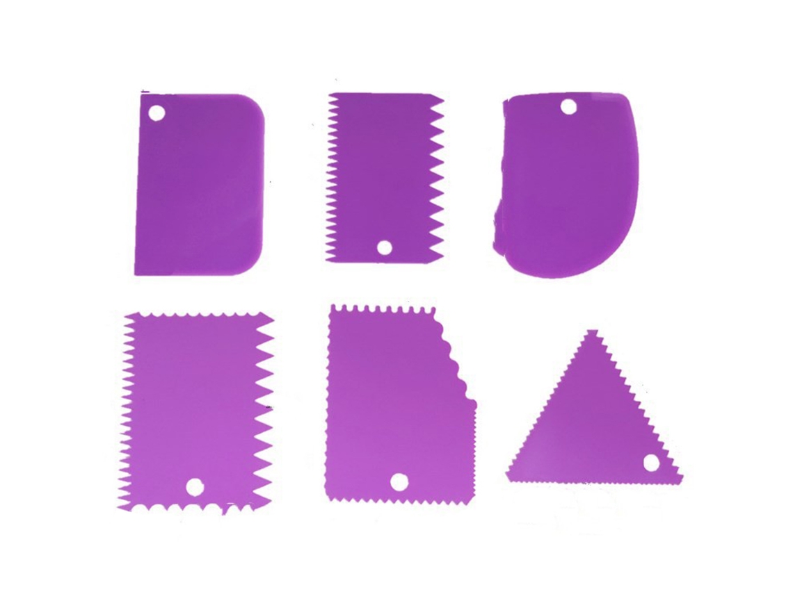 Juego de 6 pinceles para decorar tartas, de diferentes formas y color morado.