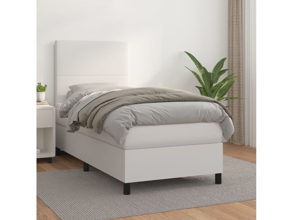 Cama Box Spring Con Colchón Cuero Sintético Blanco 100x200 Cm