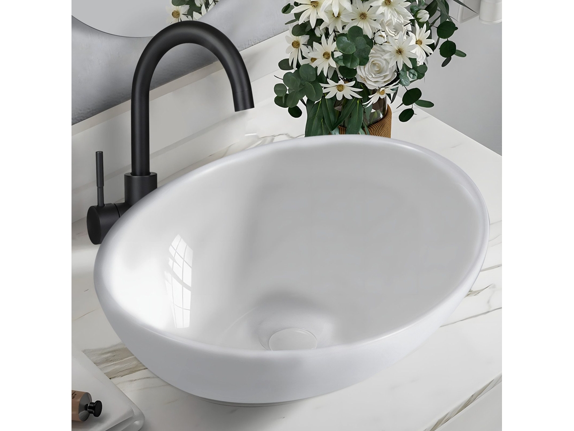 Lavabo De Baño Sobre Encimera Ovalado Con Efecto Loto Blanco