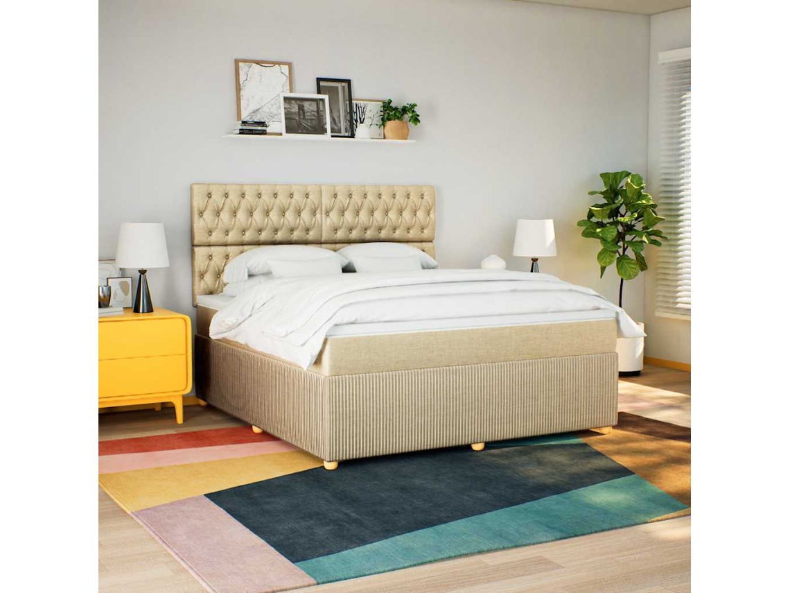 Cama Box Spring Con Colchón Tela Color Crema 180x200 Cm