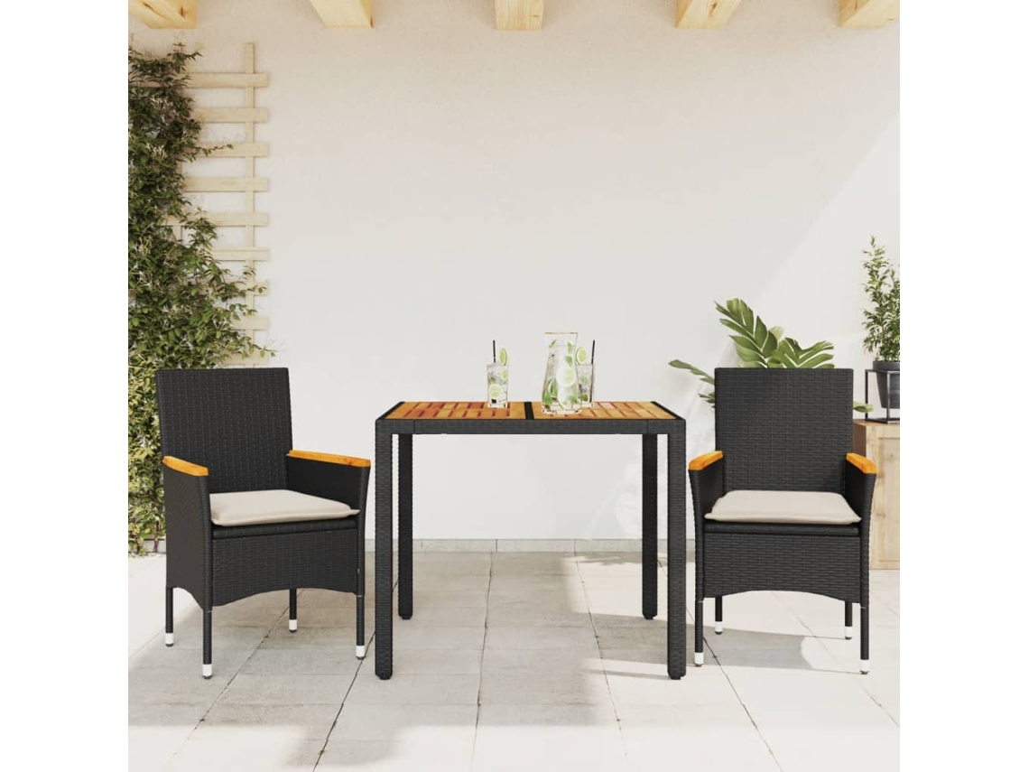 Juego de comedor de jardín de 3 piezas con cojines de mimbre de acacia negra, Dkd Home Decor