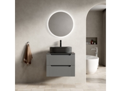 Grea Lavabo Suspendido 60cm Con Cubeta Oval Negra, Piedra Sinterizada Negra, Armario Listonado Con 2 Cajones, Gris
