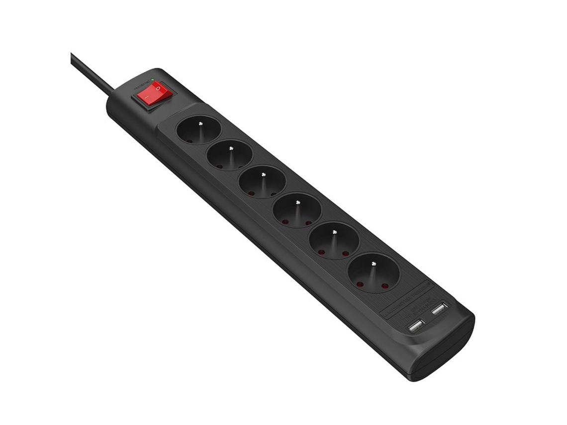 MONSTER Regleta protectora de 6 tomas de CA con 2 puertos USB-A Negro