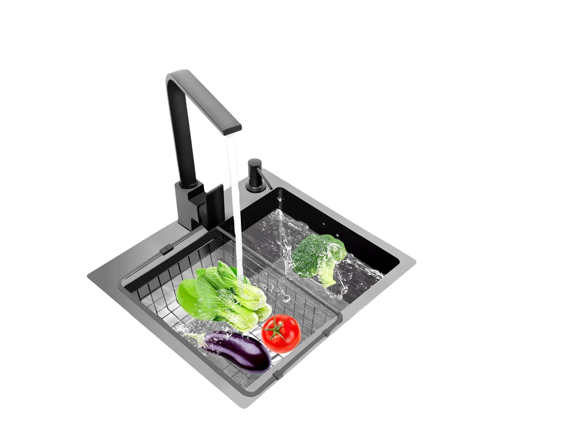 Fregadero de cocina de acero inoxidable de un solo seno, color negro OEM